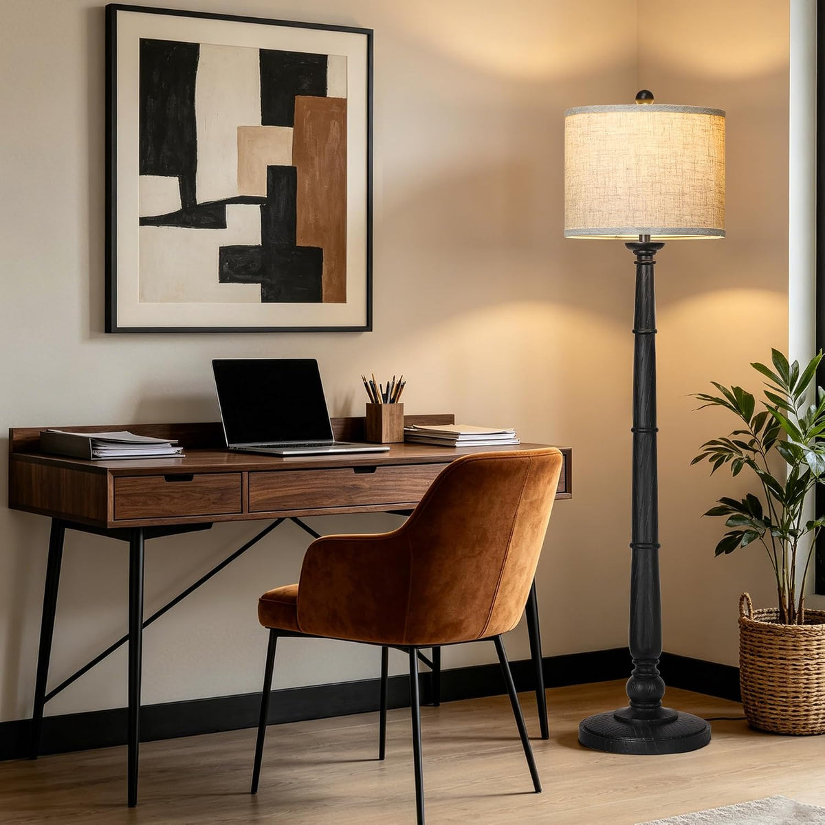 61'' Vintage Floor Lamp for Living Room, Rustic Farmhouse Tall Standing Lamp with 3 Color Temperatures, Retro Reading Pole Lamps with Linen Shade for Bedroom Office Home Decor, Black(Bulb Included)