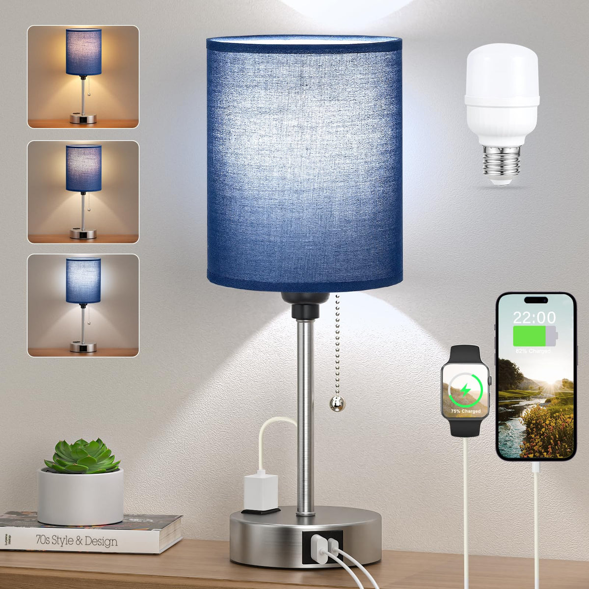 Dicoool Bedside Table Lamp for Bedroom - Small Desk Lamp with USB Ports