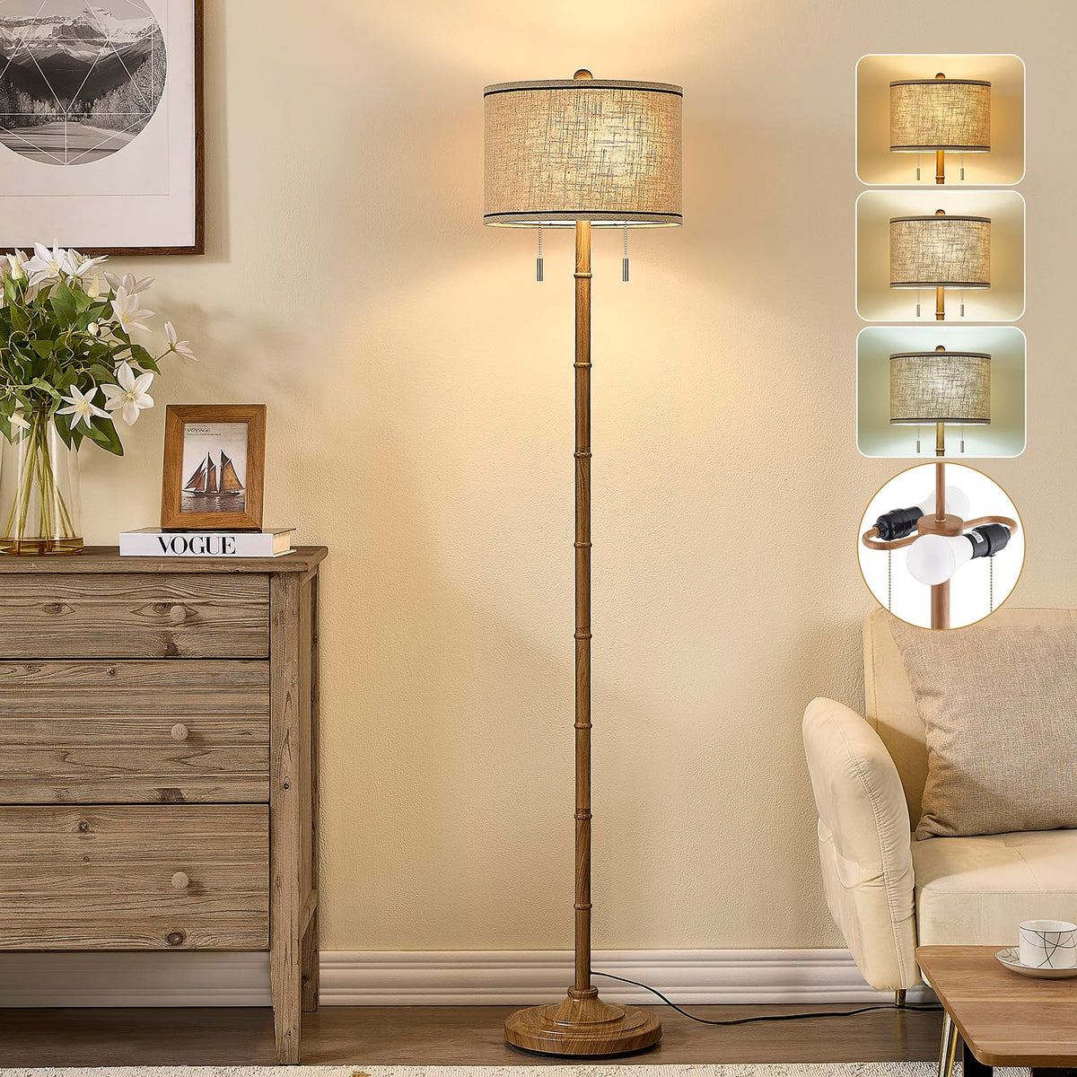 Upgraded 2-Light Mid Century Modern Black Floor Lamp for Living Room
