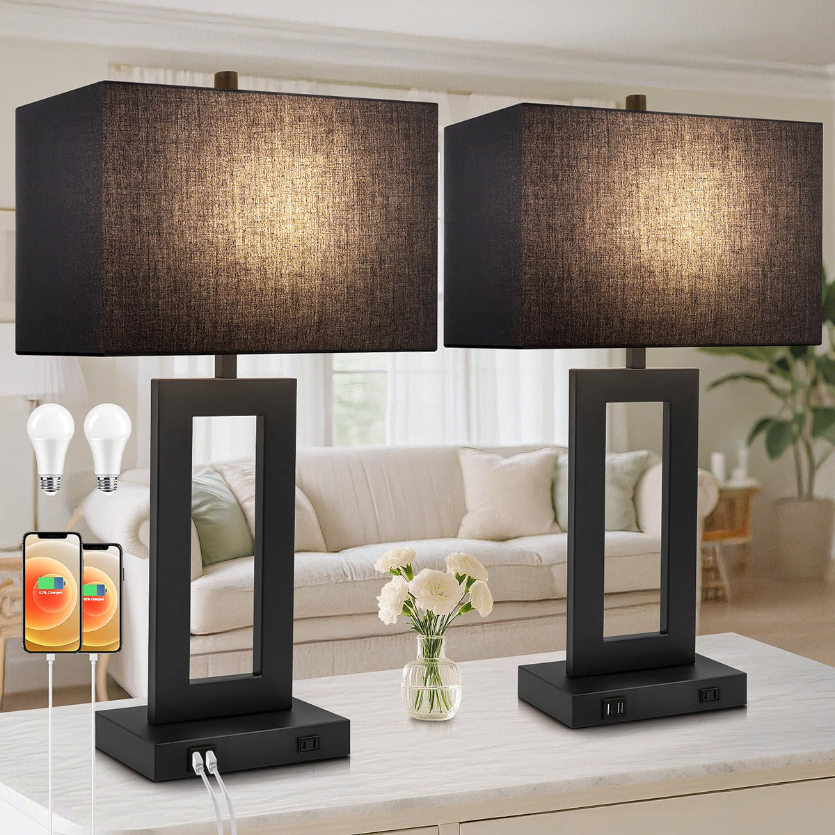TOBUSA 22" Table Lamp Set of 2, Modern Nightstand Lamp with 2 USB Ports