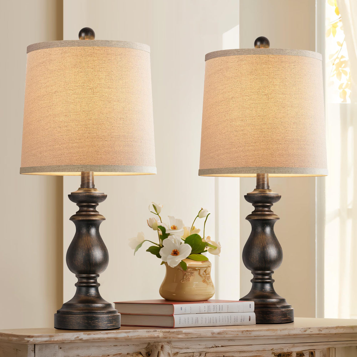 PARTPHONER Traditional Table Lamp Set of 2, Rustic Farmhouse Table Lamps for Living Room Bedroom, 22" Bedside Desk Lamps Vintage Nightstand Lamps with Linen Shades, Antique Grey