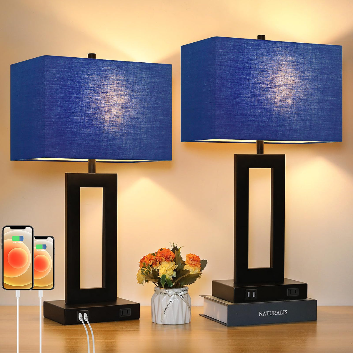 TOBUSA 22" Table Lamp Set of 2, Modern Nightstand Lamp with 2 USB Ports