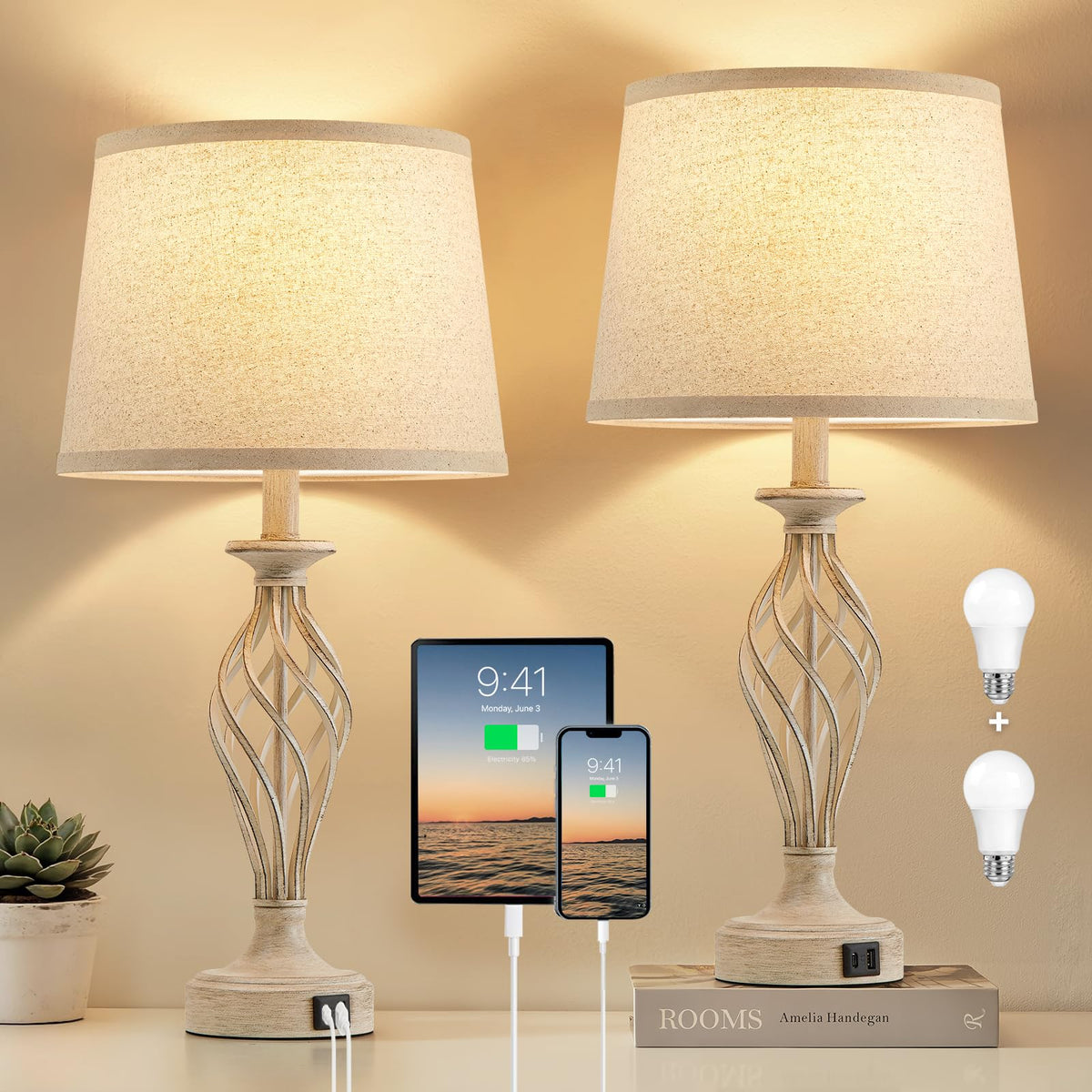 Table Lamp for Bedroom Set of 2 with USB C+A Ports,Modern Night Stand Lamps
