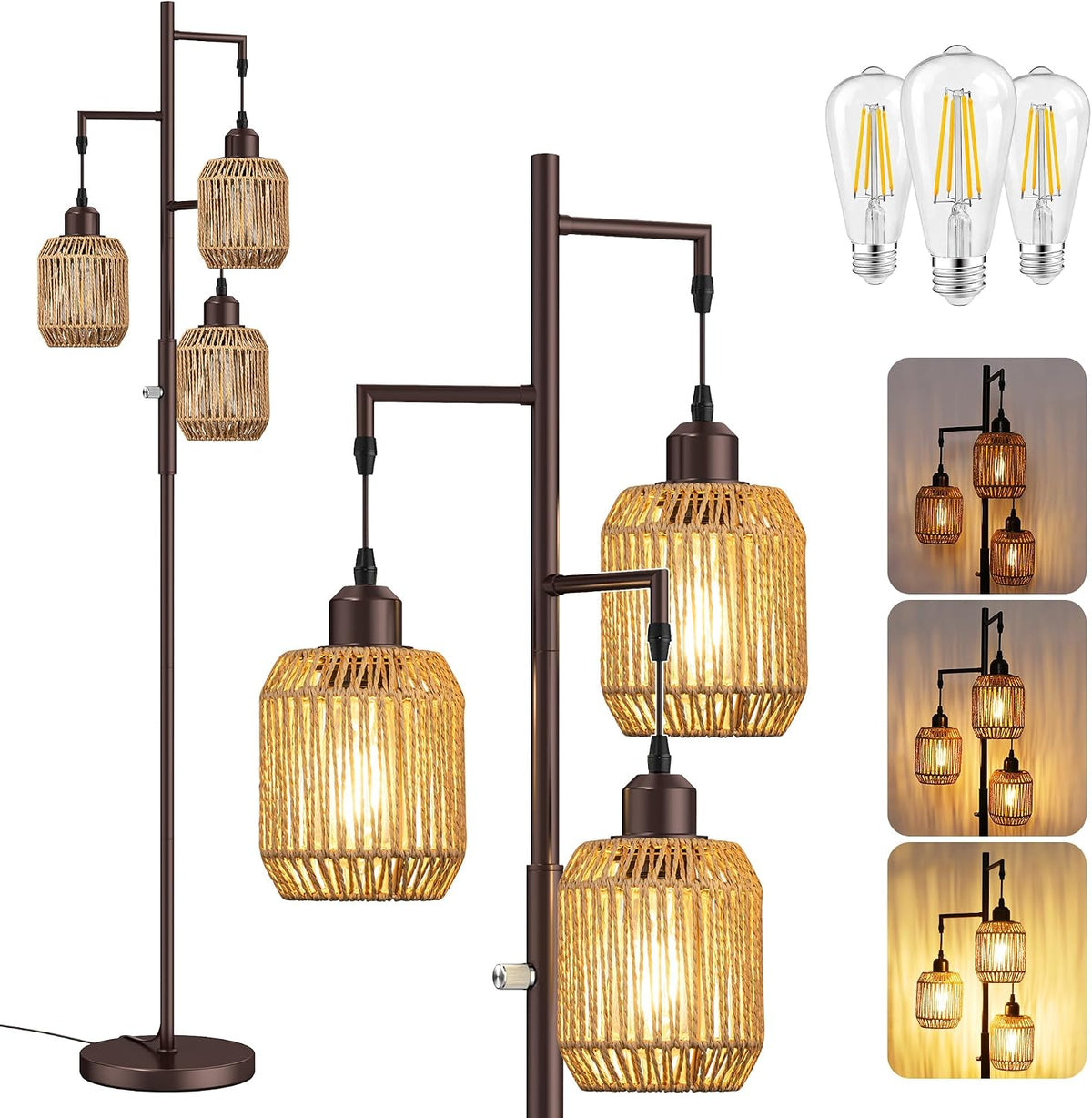 ROTTOGOON Dimmable Boho Floor Lamp - 3 Light Farmhouse Rattan Floor Lamp for Living Room, Industrial Tree Floor Lamps with 3 X 6W LED Bulbs, Rustic Standing Tall Lamp for Bedroom, Office, 68", Black