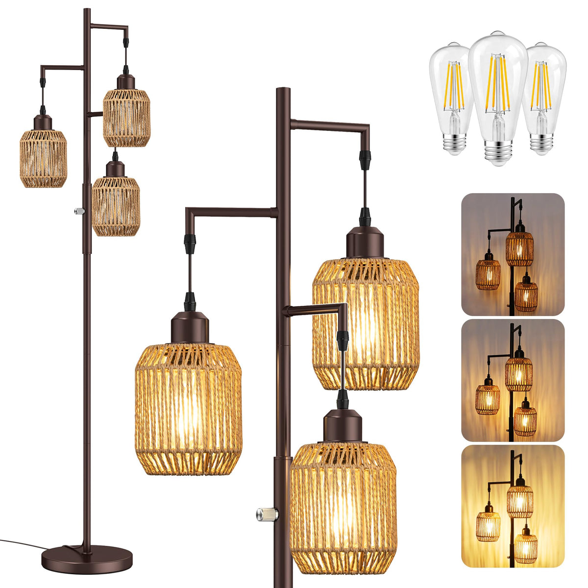 ROTTOGOON Dimmable Boho Floor Lamp - 3 Light Farmhouse Rattan Floor Lamp for Living Room, Industrial Tree Floor Lamps with 3 X 6W LED Bulbs, Rustic Standing Tall Lamp for Bedroom, Office, 68", Black