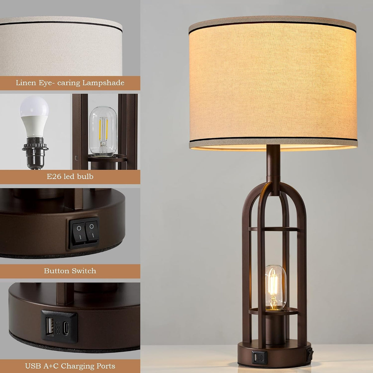 SRJJA 24" Farmhouse Table Lamps for Living Room Bedroom Set of 2, USB A+C