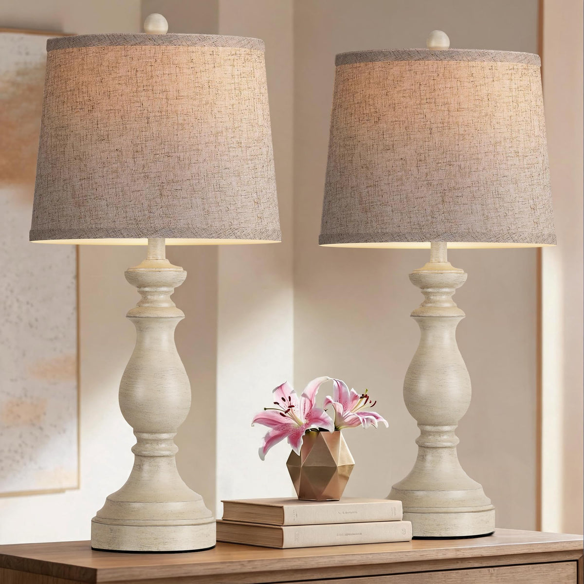 PARTPHONER Traditional Table Lamp Set of 2, Rustic Farmhouse Table Lamps for Living Room Bedroom, 22" Bedside Desk Lamps Vintage Nightstand Lamps with Linen Shades, Antique Grey
