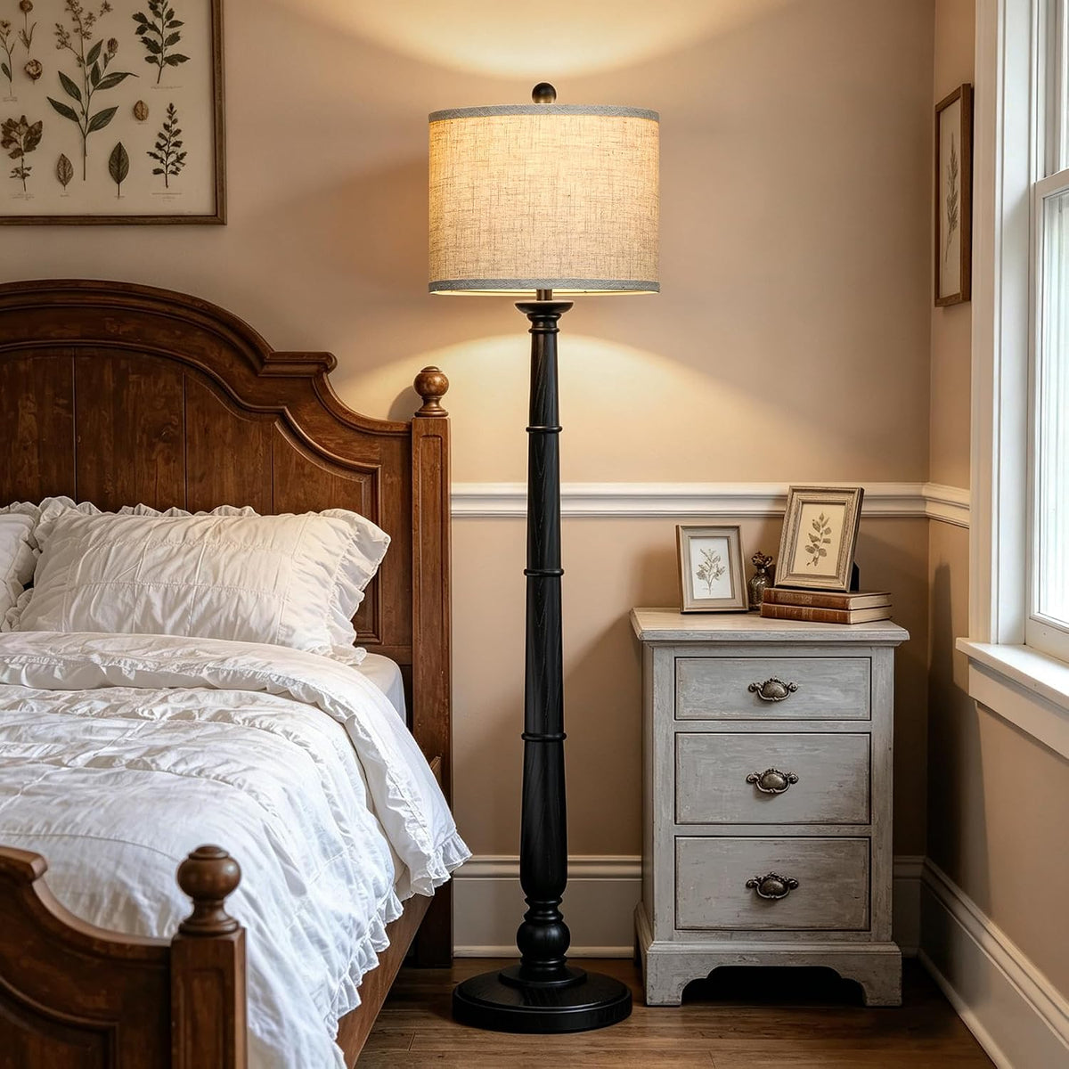 61'' Vintage Floor Lamp for Living Room, Rustic Farmhouse Tall Standing Lamp with 3 Color Temperatures, Retro Reading Pole Lamps with Linen Shade for Bedroom Office Home Decor, Black(Bulb Included)
