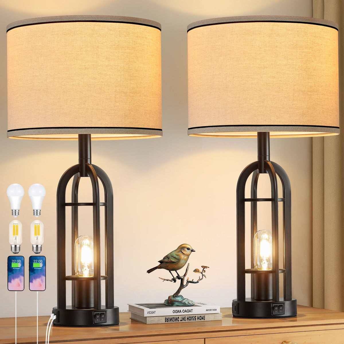 SRJJA 24" Farmhouse Table Lamps for Living Room Bedroom Set of 2, USB A+C
