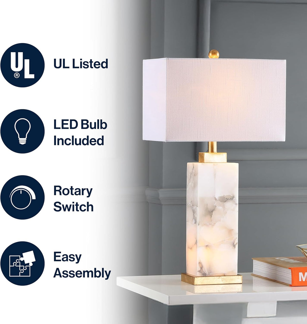 JONATHAN Y Elizabeth Alabaster Nightlight Lamp 27.5", White/Gold Painting