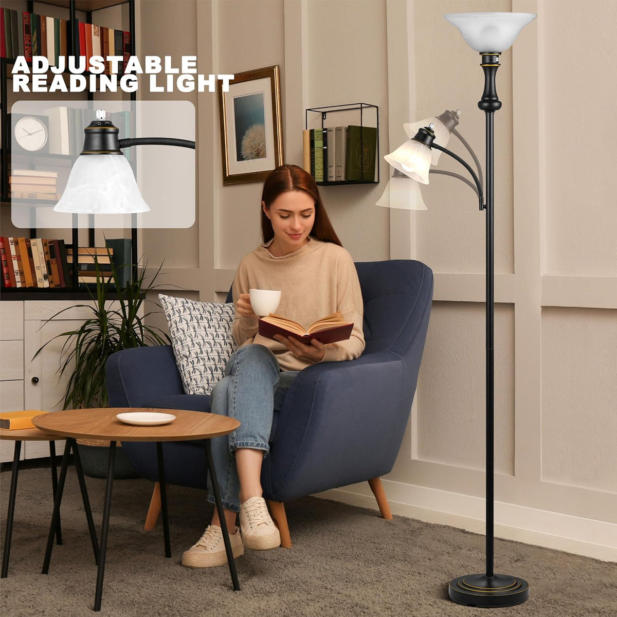 Torchiere Floor Lamp with Adjustable Angle Reading Lamp-Black 71IN
