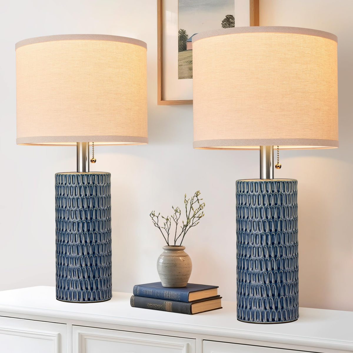 Reaketon 20.5”Modern Ceramic Table Lamps for Bedroom Set of 2, Dark Blue