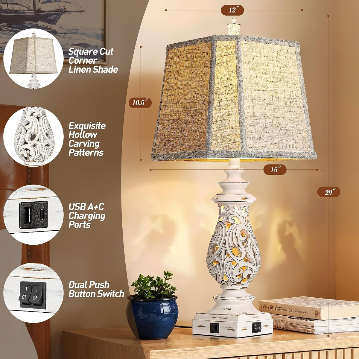 PARTPHONER 29" Table Lamps Set of 2, Bedside Lamps with USB A+C Ports & Night Light, Farmhouse Nightstand Lamps with Linen Fabric Shades for Bedroom Living Room, Antique White (LED Bulbs Included)