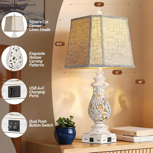 PARTPHONER 29" Table Lamps Set of 2, Bedside Lamps with USB A+C Ports & Night Light, Farmhouse Nightstand Lamps with Linen Fabric Shades for Bedroom Living Room, Antique White (LED Bulbs Included)