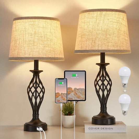 Table Lamp for Bedroom Set of 2 with USB C+A Ports,Modern Night Stand Lamps