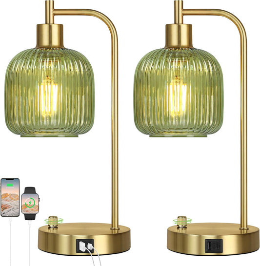 Green Glass Table Lamps Set of 2, Dimmable Bedside Lamps for Living Room