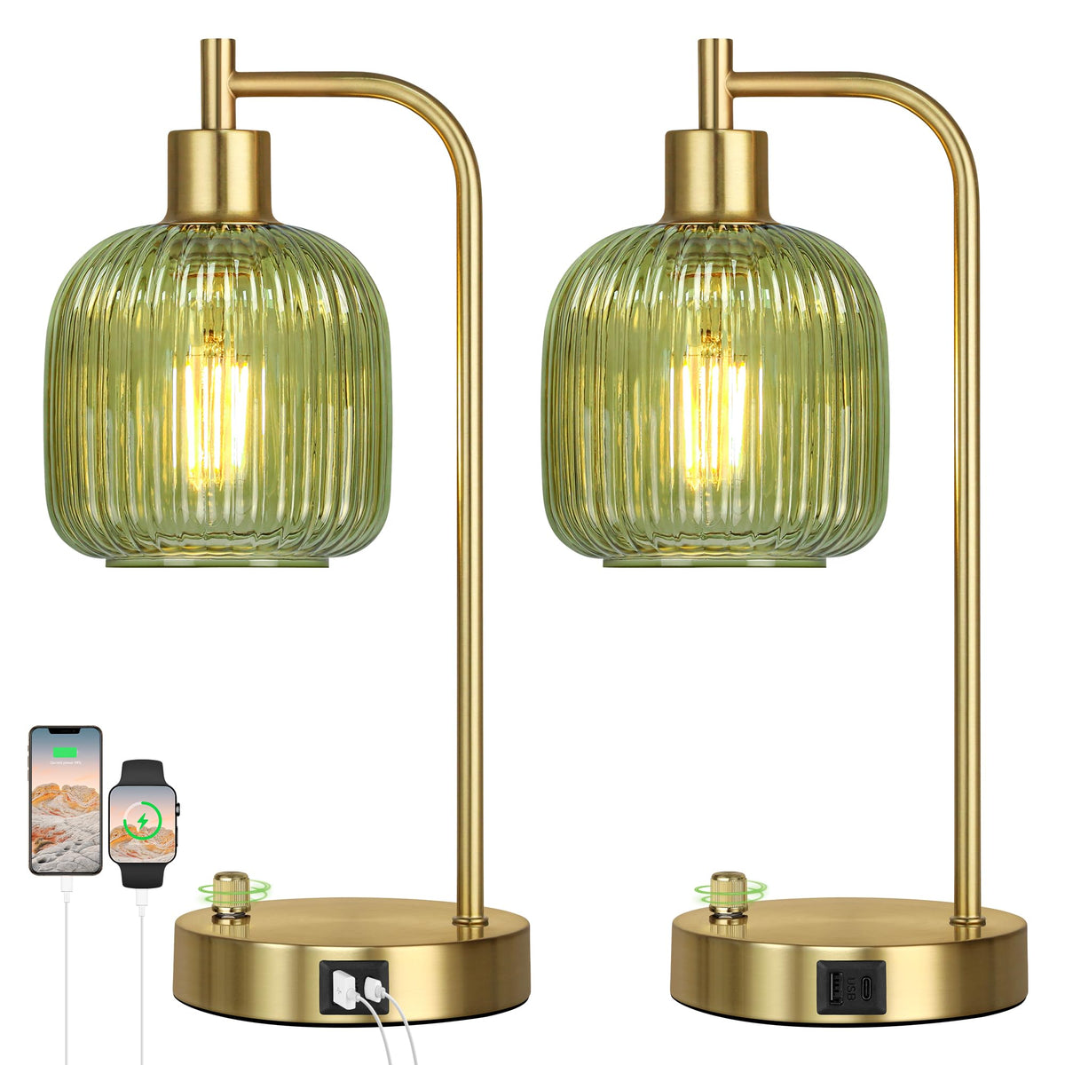 Green Glass Table Lamps Set of 2, Dimmable Bedside Lamps for Living Room