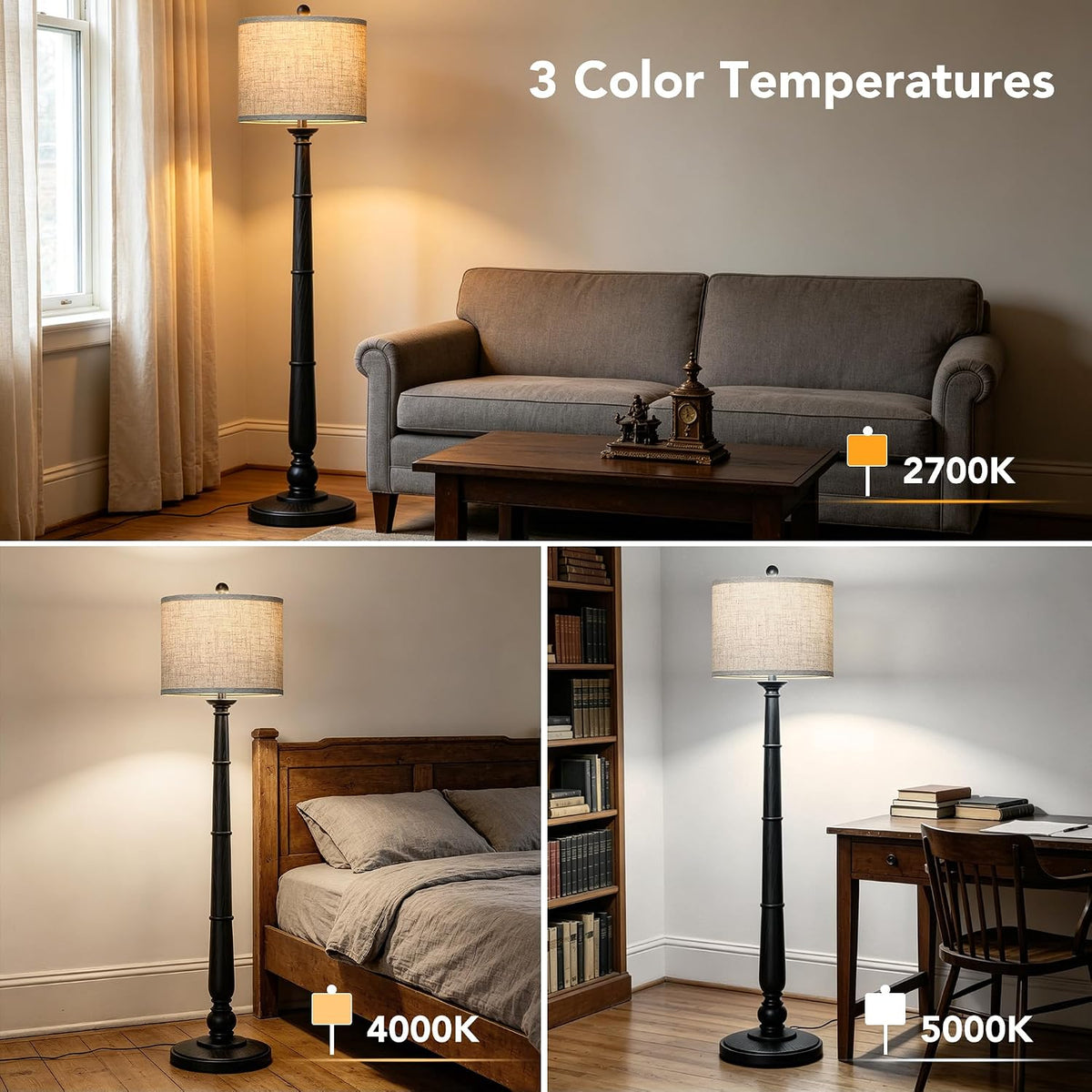 61'' Vintage Floor Lamp for Living Room, Rustic Farmhouse Tall Standing Lamp with 3 Color Temperatures, Retro Reading Pole Lamps with Linen Shade for Bedroom Office Home Decor, Black(Bulb Included)
