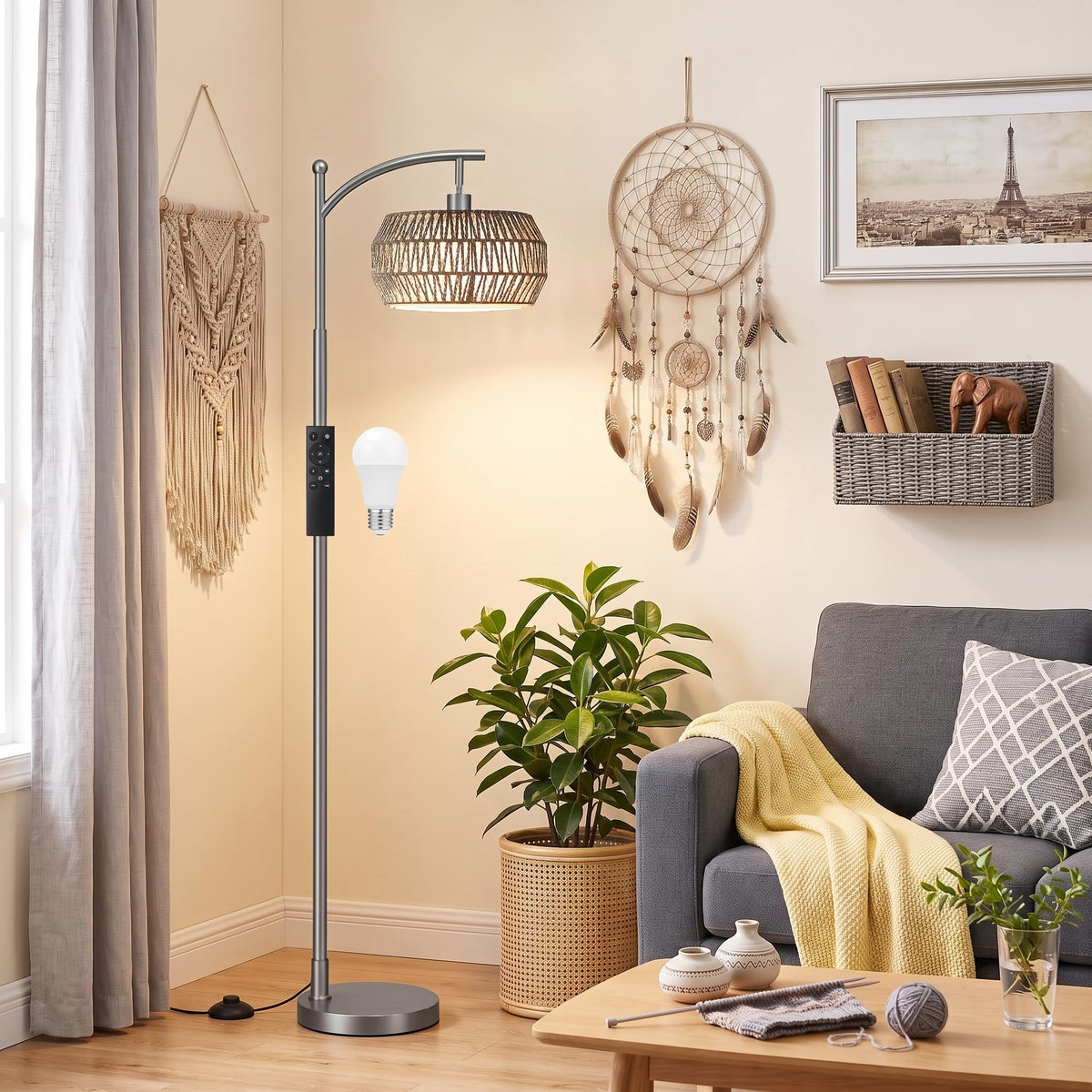 Ambimall Arc Floor Lamp with Remote & Rattan Double Shades, Black Rustic