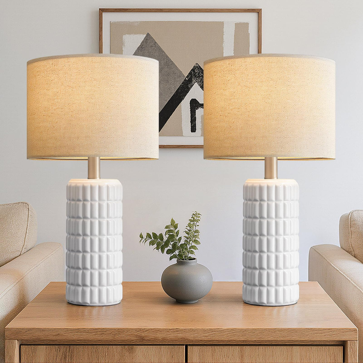 Seealle 23" Modern Ceramic Table Lamps Set of 2, Lamps for Bedroom, White