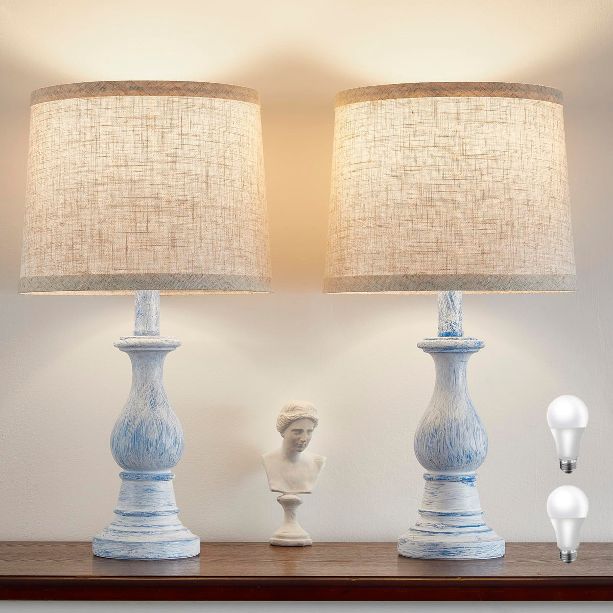 Table Lamps Set of 2, 18.5" Vintage Bedside Lamps for Bedroom Living Room