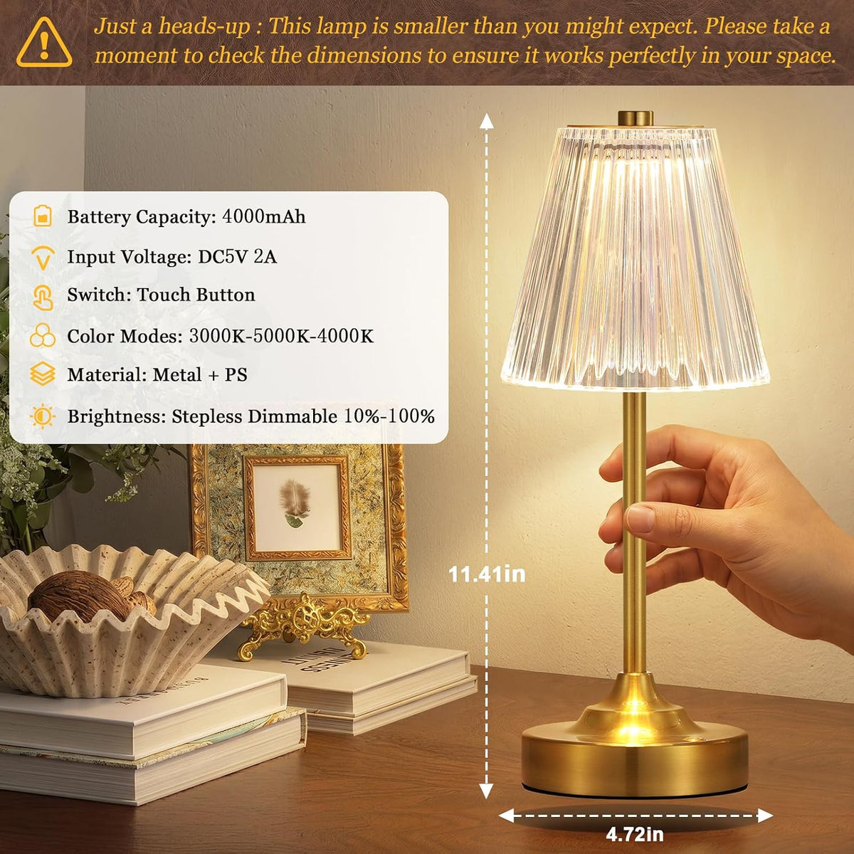 Gold Cordless Rechargeable Table Lamp, Battery Operated, Crystal, Small