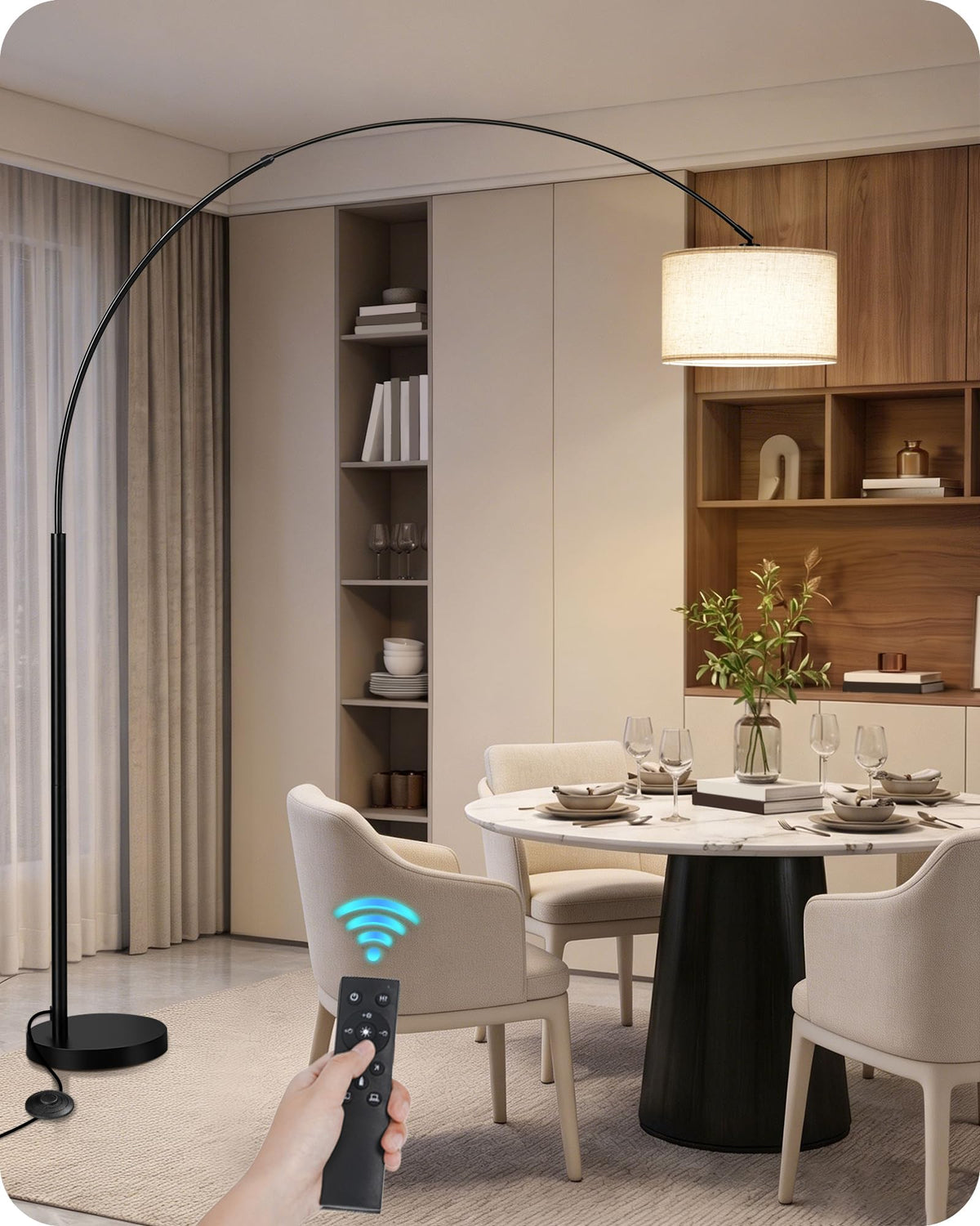 75" Dimmable Gold Arc Floor Lamp with Marble Base, Adjustable Height, Beige