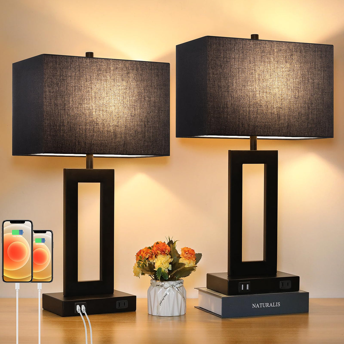 TOBUSA 22" Table Lamp Set of 2, Modern Nightstand Lamp with 2 USB Ports