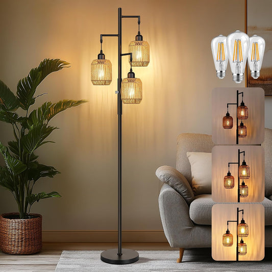 ROTTOGOON Dimmable Boho Floor Lamp - 3 Light Farmhouse Rattan Floor Lamp for Living Room, Industrial Tree Floor Lamps with 3 X 6W LED Bulbs, Rustic Standing Tall Lamp for Bedroom, Office, 68", Black