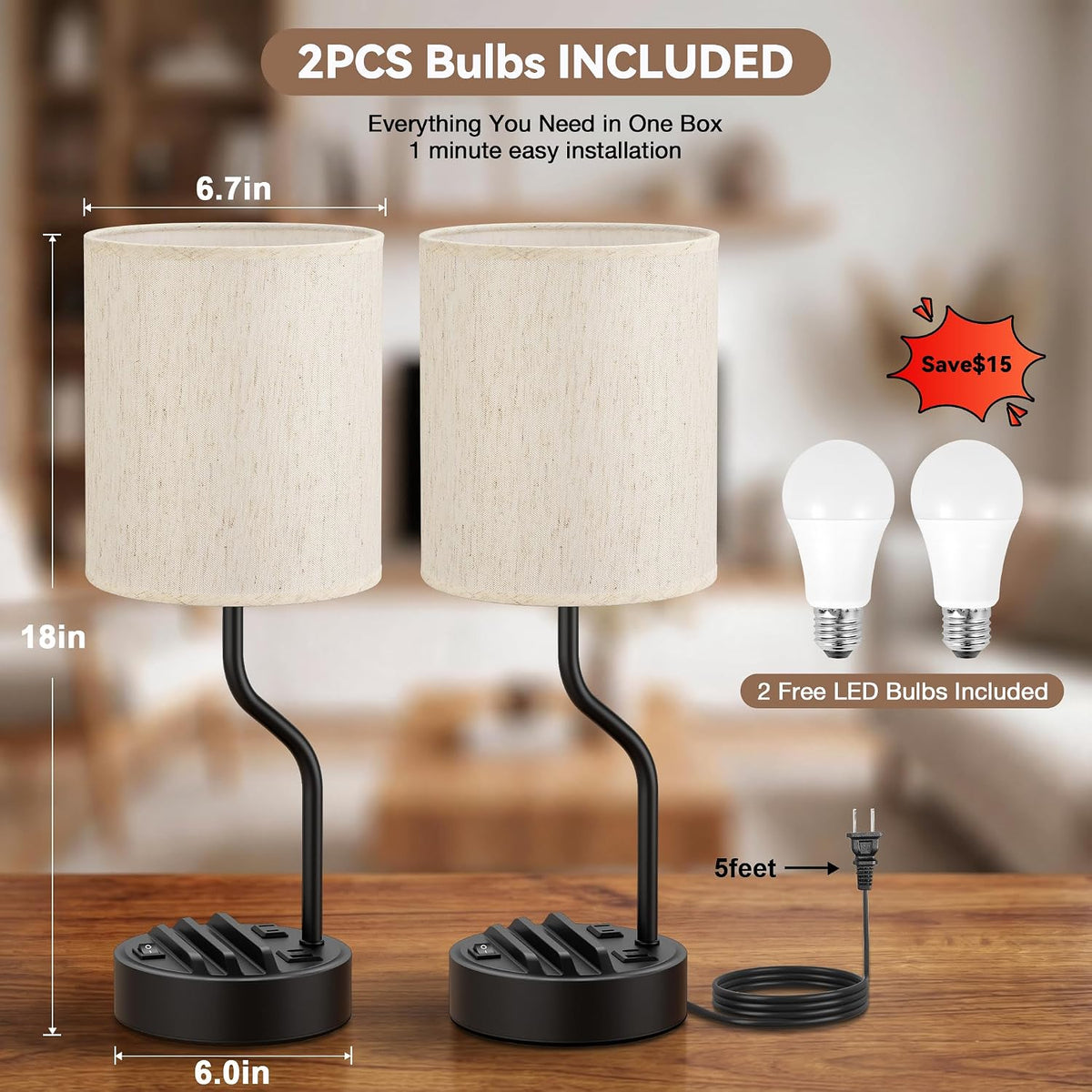 Fenmzee 18" Bedside Lamps for Bedroom Set of 2 - Table Lamp for Nightstand