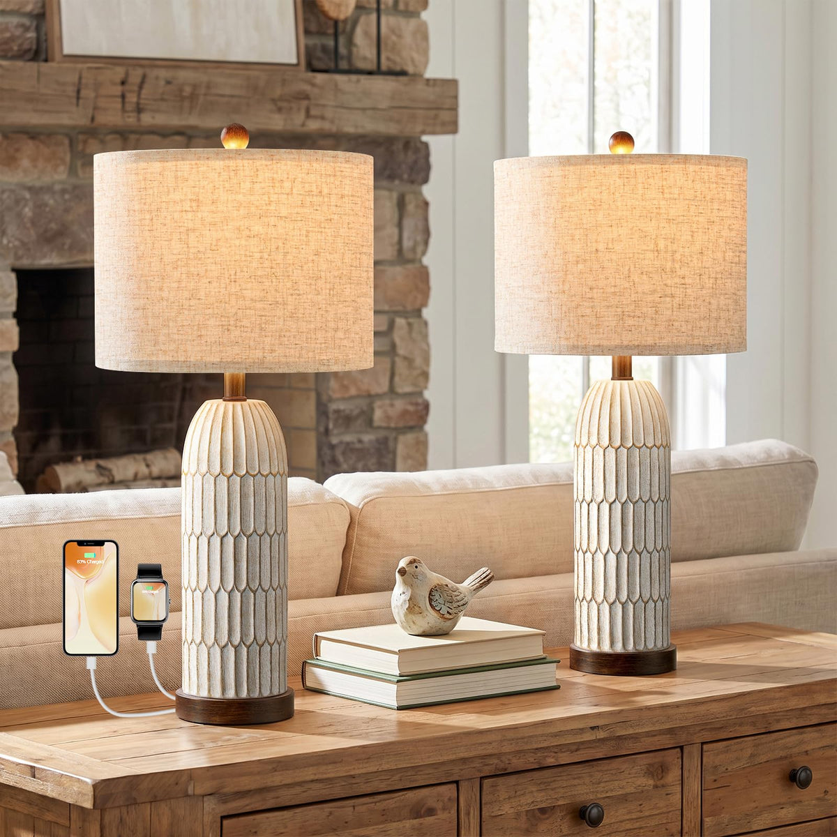 OYEARS 22" Bedside Table Lamps Set of 2, Farmhouse Lamp with USB A+C,Brown