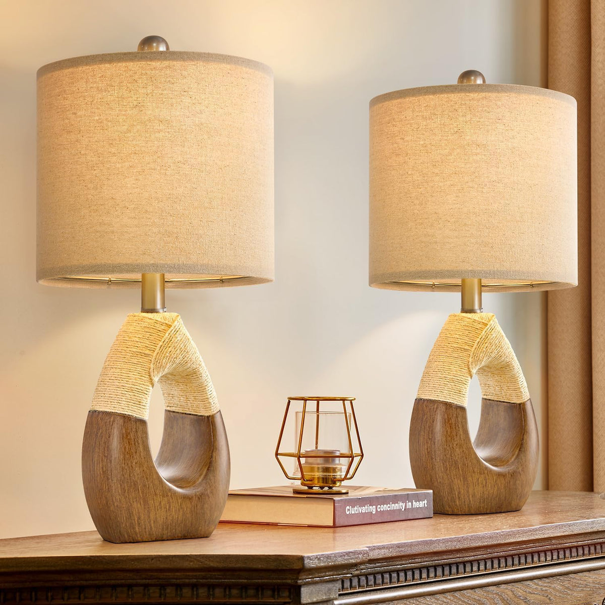 OYEARS 19” Boho Table Lamps Bedroom Living Room,Suitable for Small Space,Farmhouse Rattan Lamp Rustic Egg Design Resin Nightstand Bedside Lamps for Bedroom Living Room Office Study Rest Decor