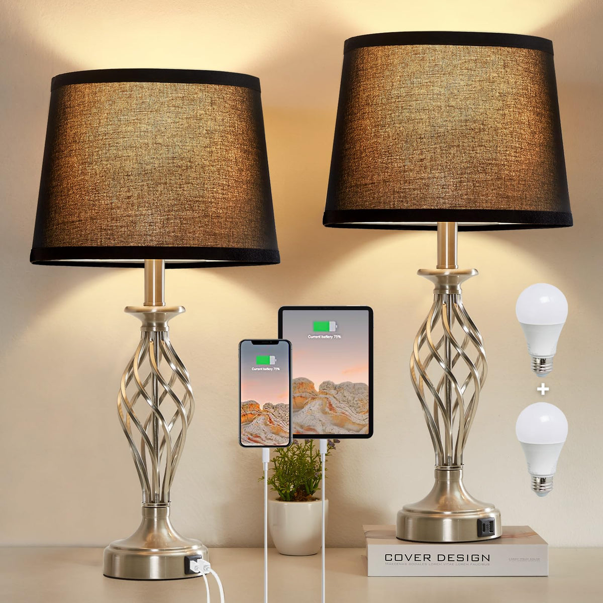 Table Lamp for Bedroom Set of 2 with USB C+A Ports,Modern Night Stand Lamps