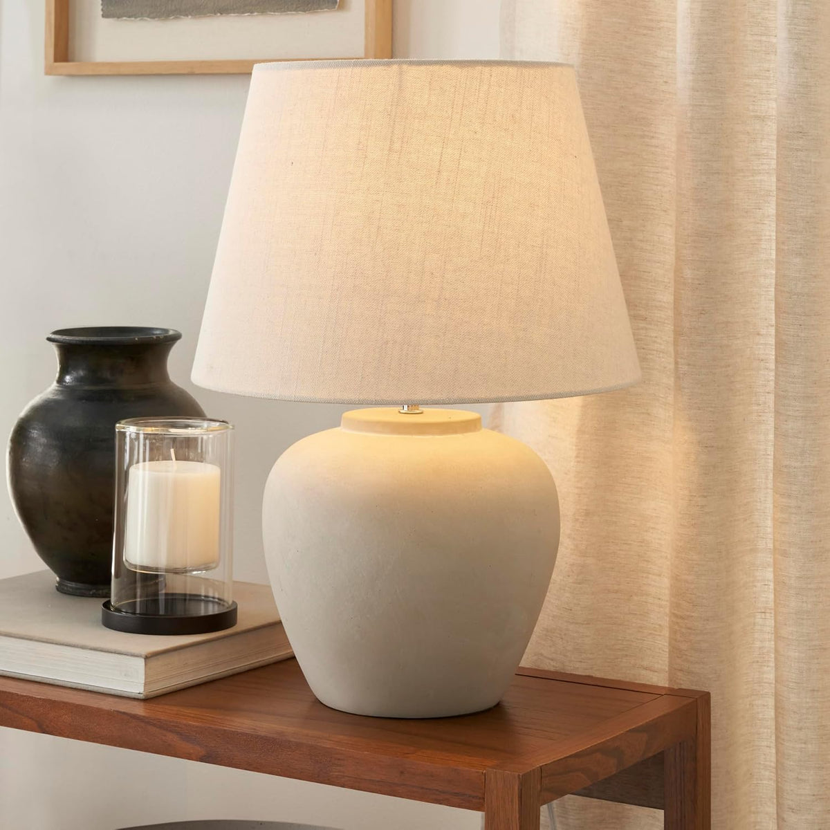 Nourison Home 20" Sand (Light Beige) Neutral Ceramic Table Lamp with Fabric Shade, Bedside Nightstand Lamp for Bedroom, Living Room, Entryway