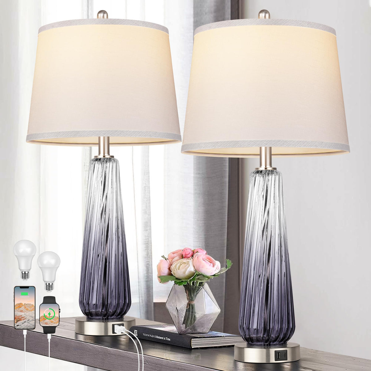 Table Lamps Set of 2 with Touch Control, Modern Glass Bedside Lamps with USB A+C Ports, 3-Way Dimmable Nightstand Lamp with White Fabric Shade, 27.5" Large Lamps for Living Room Bedrooms Decorations