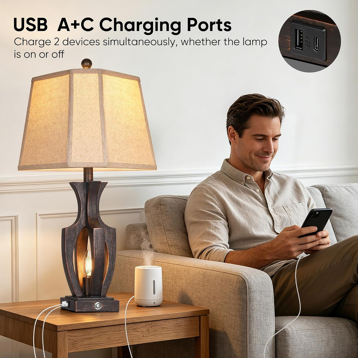 ROTTOGOON 26" Farmhouse Table Lamps Set of 2, 3-Way Touch Dimmable Nightstand Lamp with USB A+C Charging Port, Vintage Bedside Lamps with Dual Light Sources for Bedroom Nightstand End Table (Bronze)