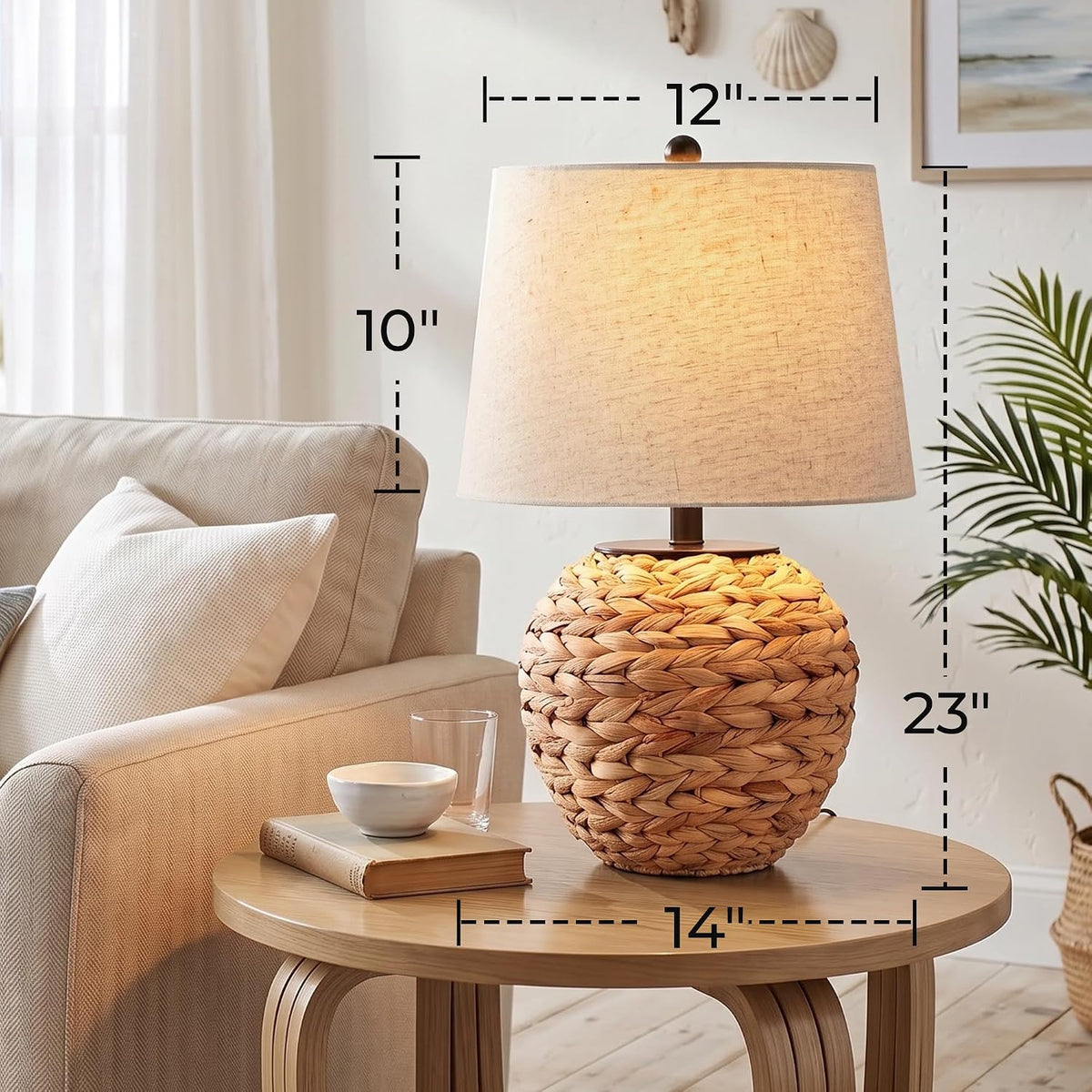 PARTPHONER 23’’ Rattan Table Lamp with Natural Woven Water Hyacinth Basket Base & Linen Drum Shade, Boho Farmhouse Bedside Lamp for Living Room Bedroom, Includes 3-Color Temperature LED Bulb