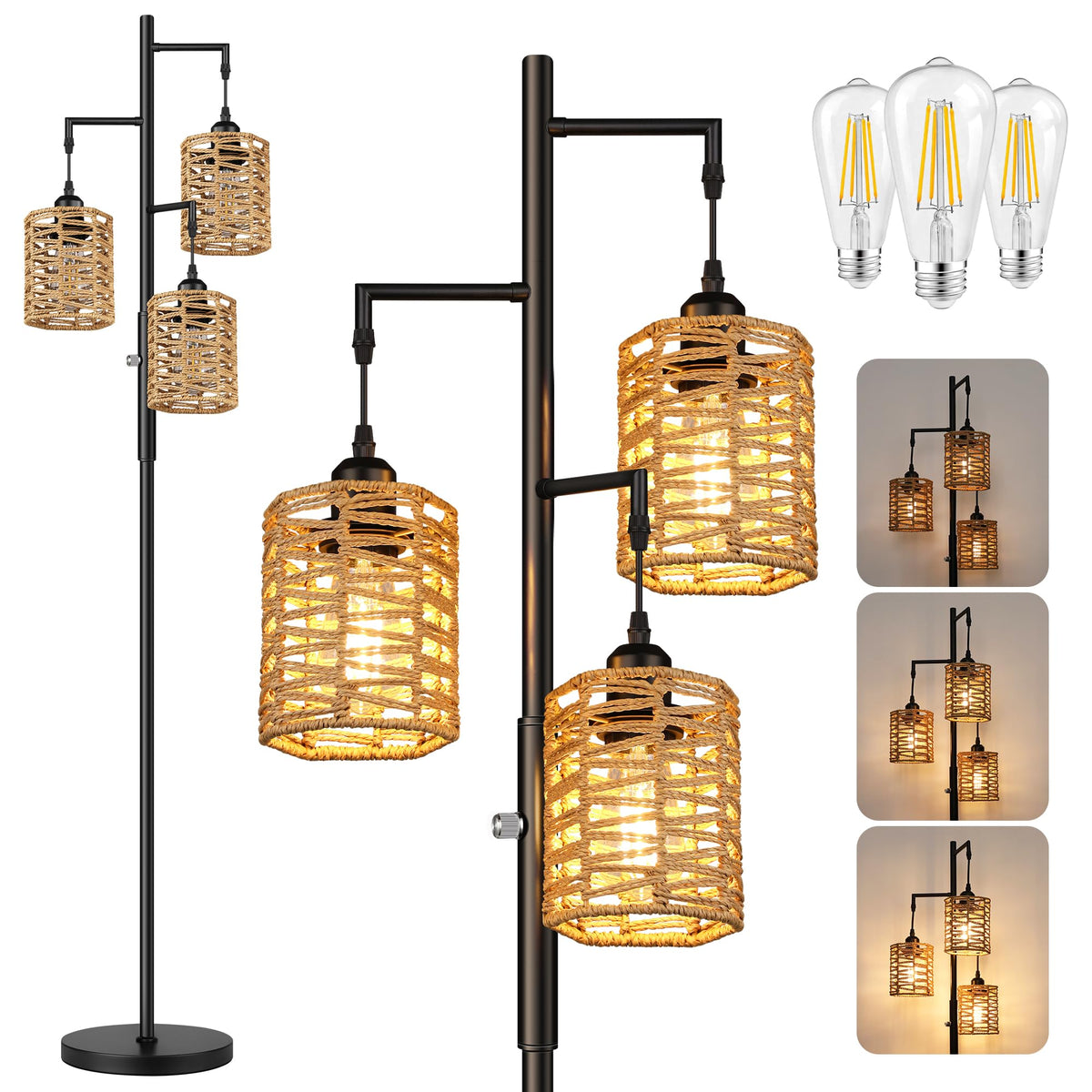 ROTTOGOON Dimmable Boho Floor Lamp - 3 Light Farmhouse Rattan Floor Lamp for Living Room, Industrial Tree Floor Lamps with 3 X 6W LED Bulbs, Rustic Standing Tall Lamp for Bedroom, Office, 68", Black
