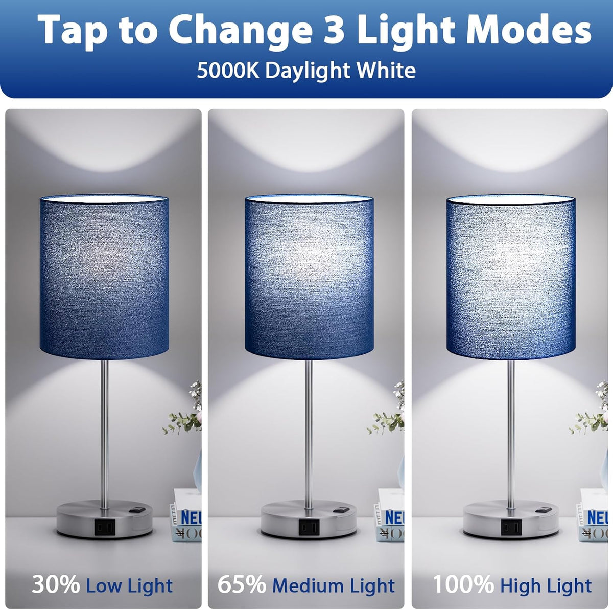 Fenmzee Touch Lamps for Bedroom Set of 2 - Dimmable, USB C+A, AC Outlet