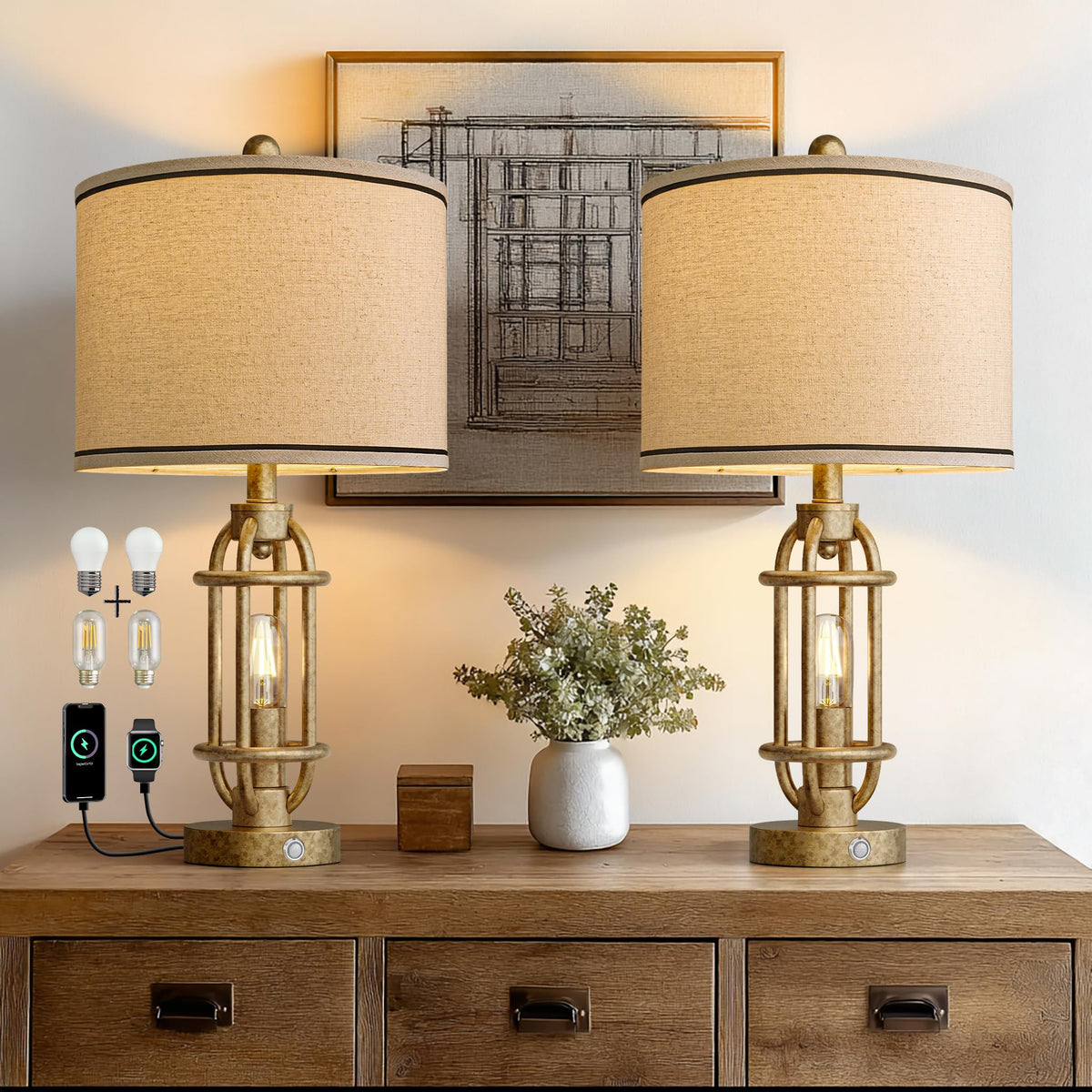 23.75" Retro Farmhouse Black Table Lamp for Living Room Bedroom Nightstand