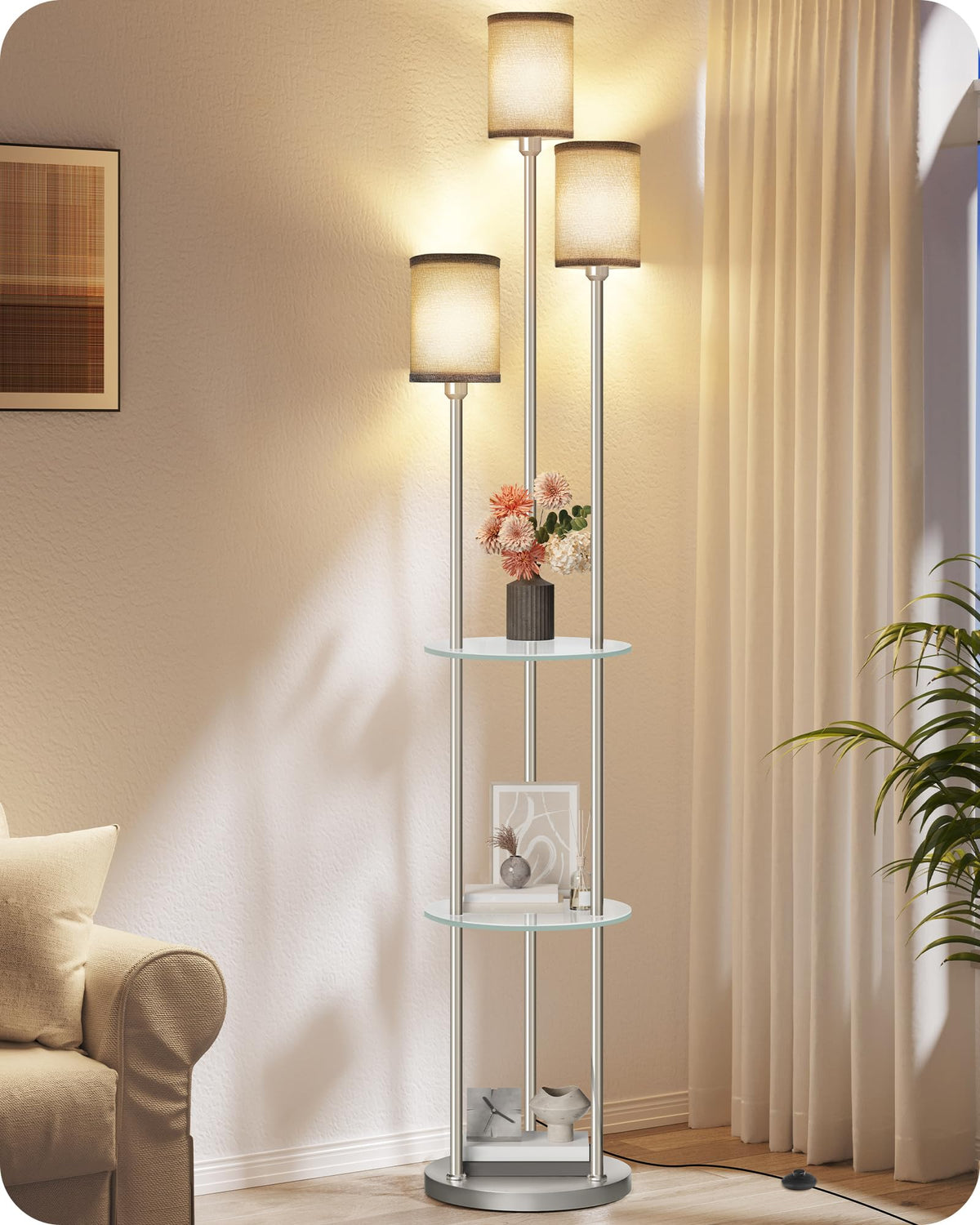 70.9" Floor Lamp with Shelves, Modern Floor Lamp with 3 Linen Shades and Foot Switch, 3-Light Standing Lamp, for Living Room, Bedroom, Study, Office, Rustic Brown and Beige EF53LD05