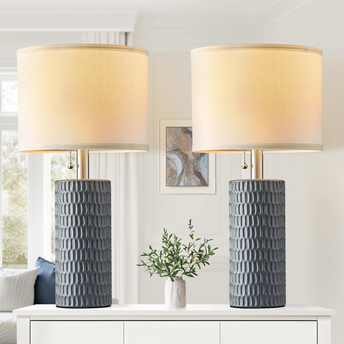 Reaketon 20.5”Modern Ceramic Table Lamps for Bedroom Set of 2, Dark Blue