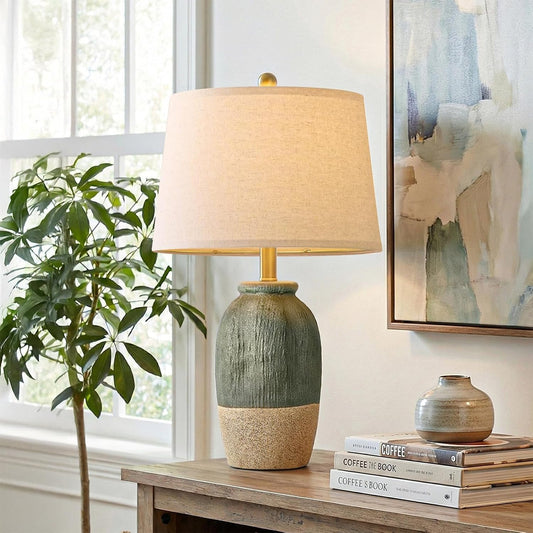 22.5" Green Ceramic Table Lamps for Bedroom, Boho Nightstand Lamp