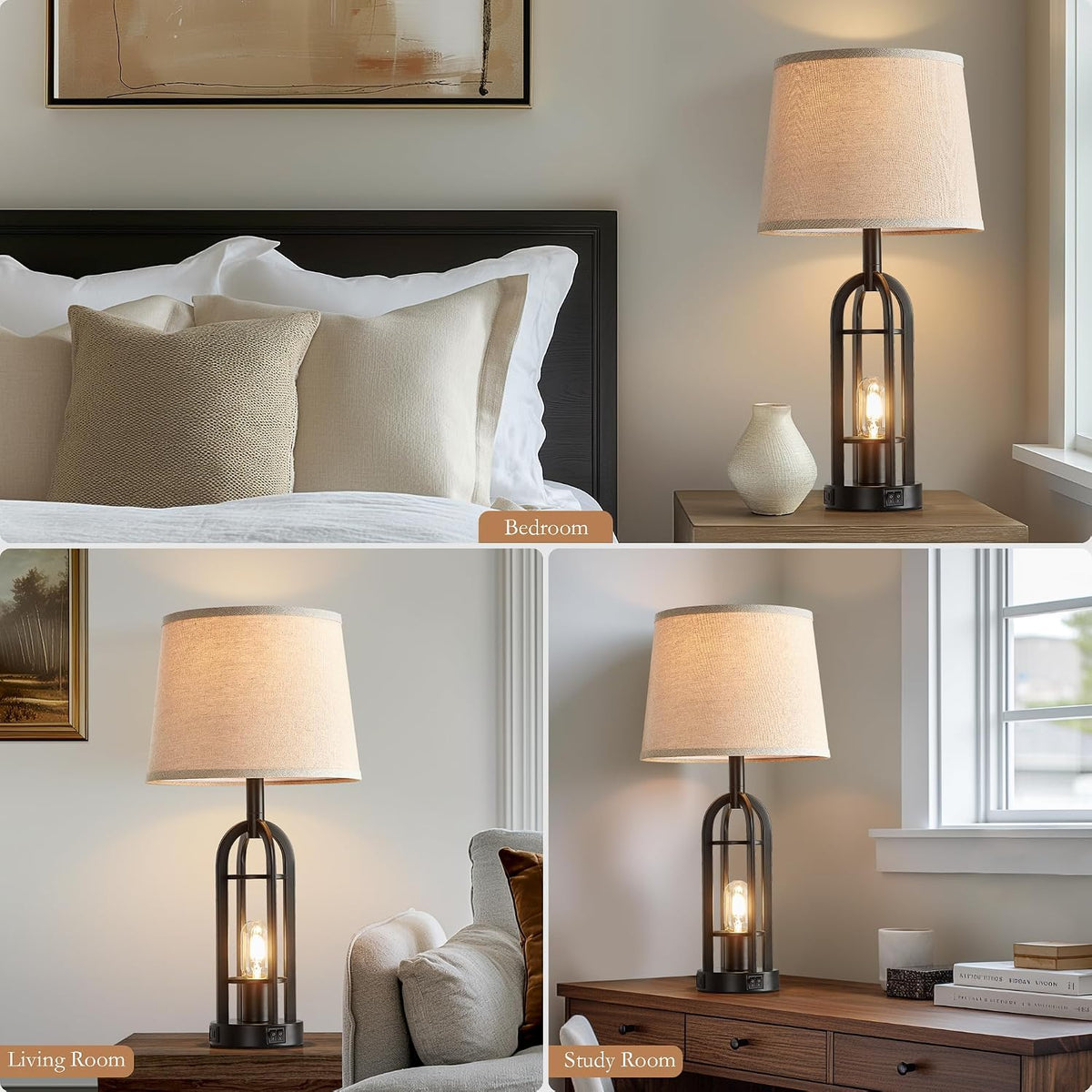 SRJJA 24" Farmhouse Table Lamps for Living Room Bedroom Set of 2, USB A+C