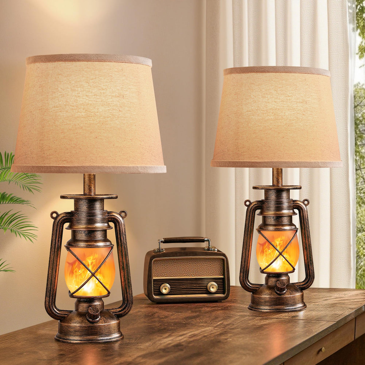 LEDIARY 18.72" LED Vintage Lantern Flickering Flame Table Lamps Set of 2