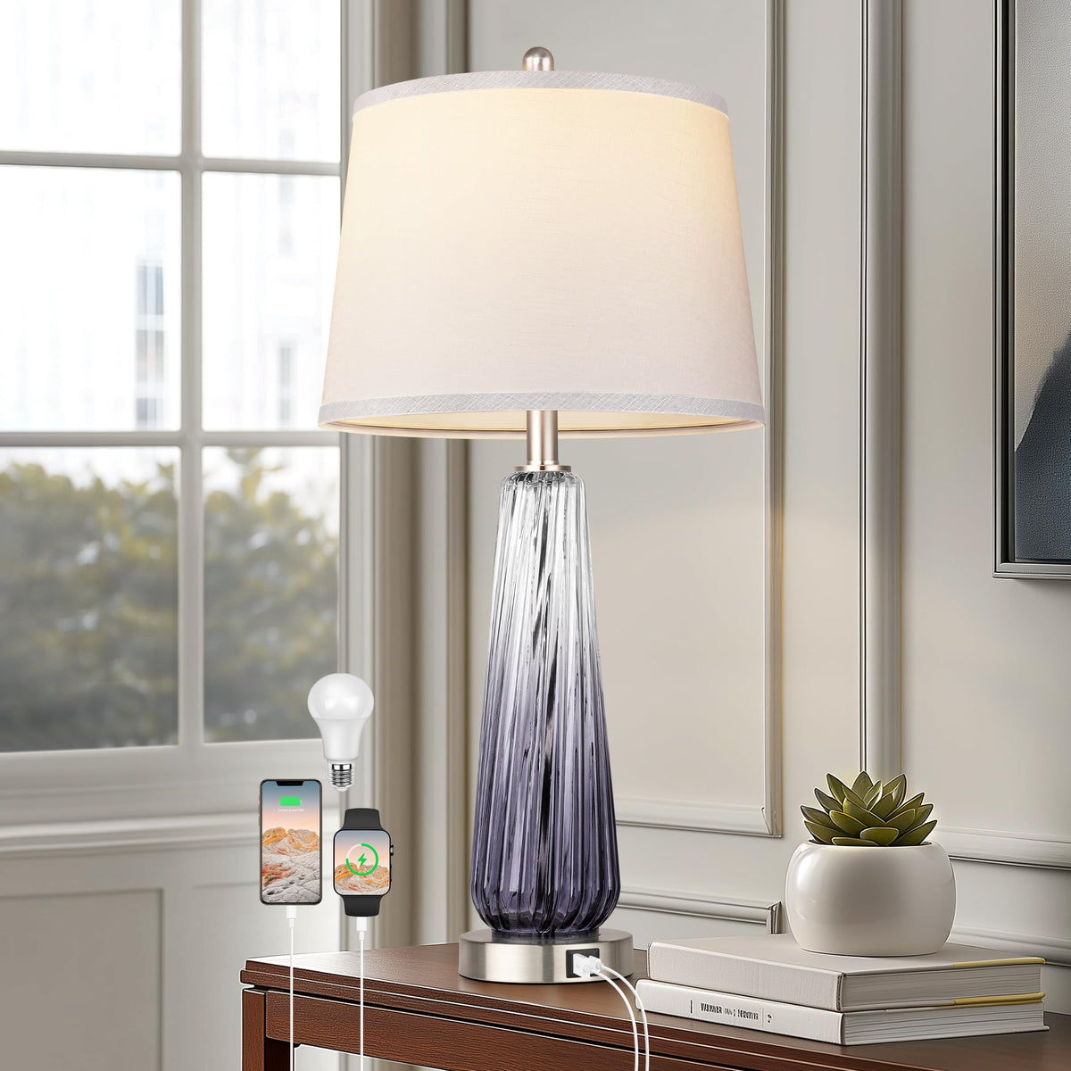 Table Lamps Set of 2 with Touch Control, Modern Glass Bedside Lamps with USB A+C Ports, 3-Way Dimmable Nightstand Lamp with White Fabric Shade, 27.5" Large Lamps for Living Room Bedrooms Decorations