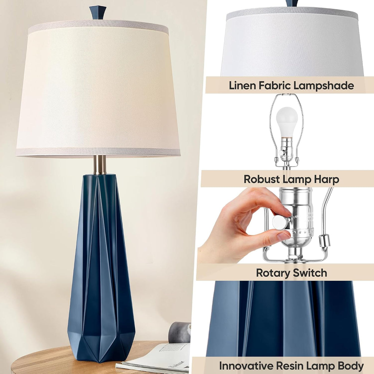 WIHTU 27'' Navy Blue Resin Table Lamps, Desk Lamps with 3 Color Temperature