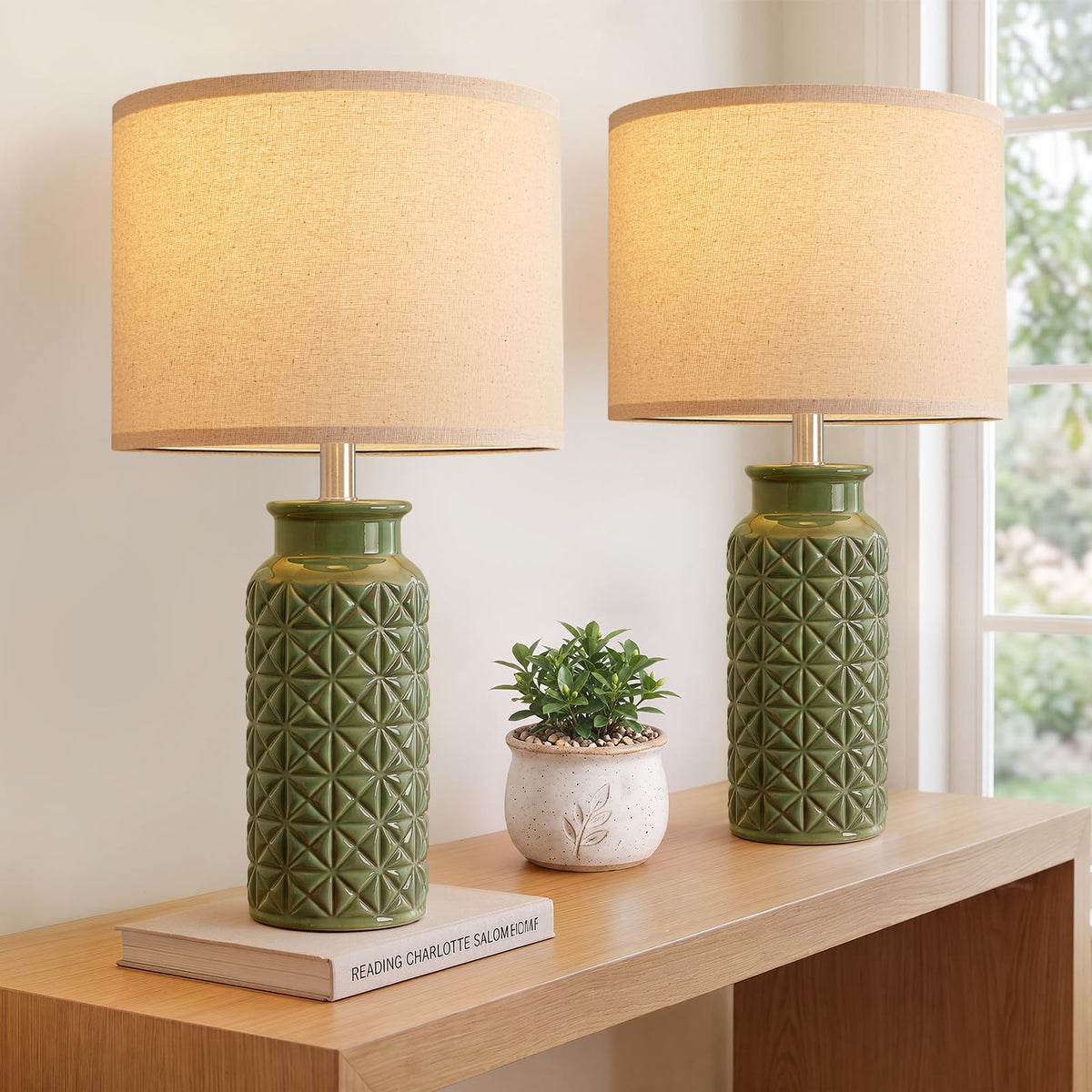 Innqoo 22.6" Modern Ceramic Bedside Lamps Set of 2, Lamps for Bedroom,White