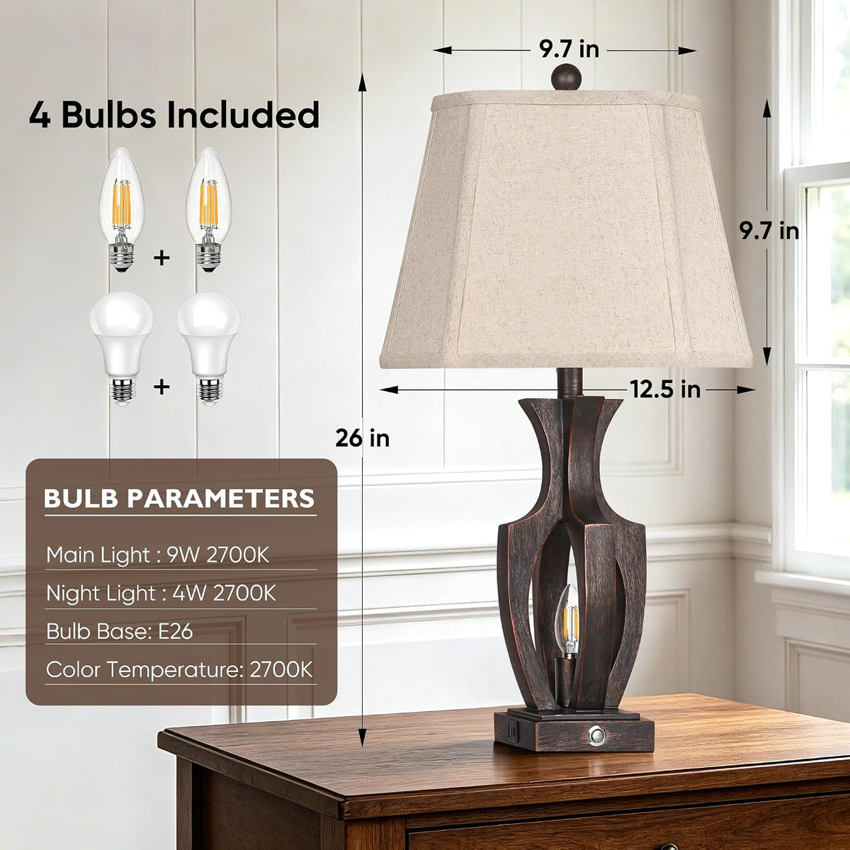 ROTTOGOON 26" Farmhouse Table Lamps Set of 2, 3-Way Touch Dimmable Nightstand Lamp with USB A+C Charging Port, Vintage Bedside Lamps with Dual Light Sources for Bedroom Nightstand End Table (Bronze)