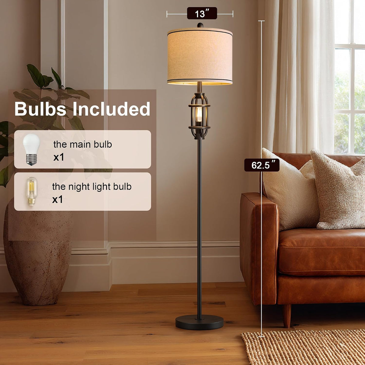 62.5" Floor Lamp for Living Room Industrial Black Standing Tall Lamp